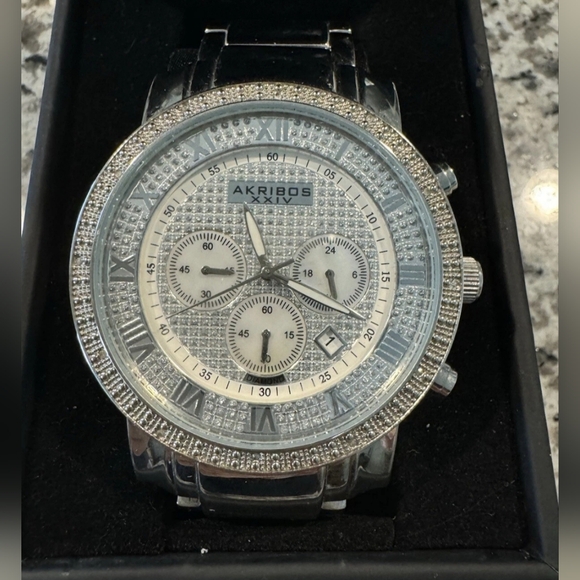 Akribos XXIV Silver and Black Chronograph Watch 2ct Genuine Diamonds - Picture 4 of 11